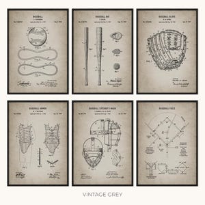 May include: Six framed vintage baseball patent prints. Each print features detailed diagrams of baseball equipment, including a ball, bat, glove, armor, catcher's mask, and field layout. The prints are in black and white with a vintage grey background.