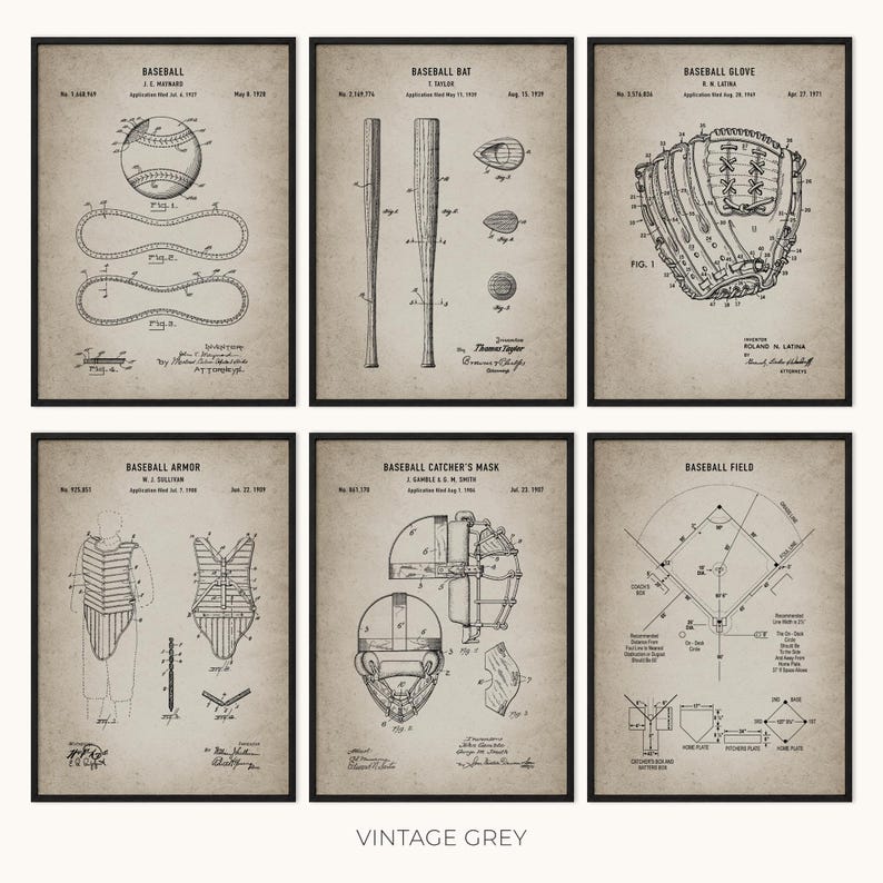May include: Six framed vintage baseball patent prints. Each print features detailed diagrams of baseball equipment, including a ball, bat, glove, armor, catcher's mask, and field layout. The prints are in black and white with a vintage grey background.