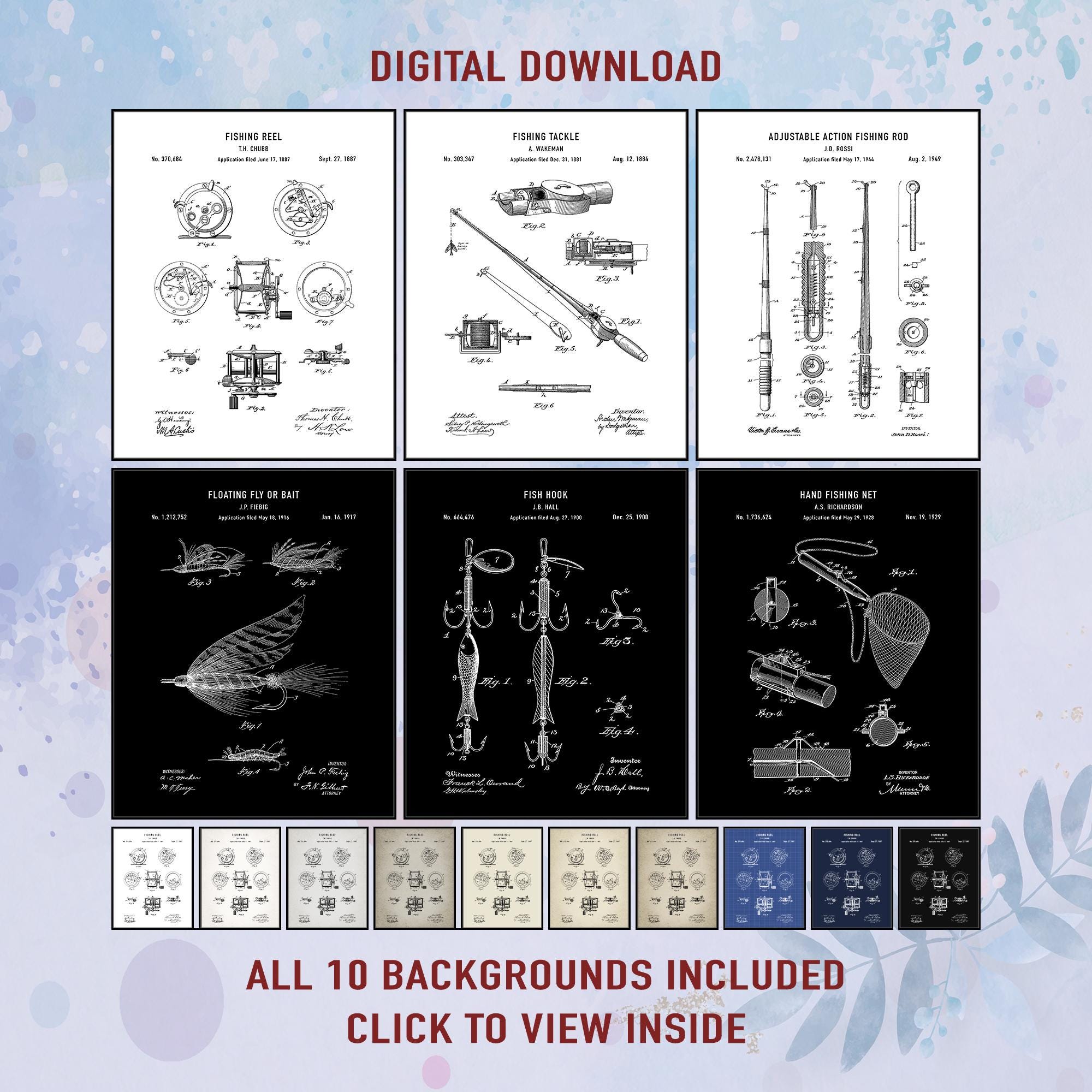 Set of 6 Vintage Fishing Patent Prints, Digital Download Wall Art for Fishermen, Man Cave or Cabin Decor, Rustic Outdoor Fishing Poster Set