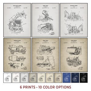 Juego de 6 láminas digitales con diseños de patentes de vehículos de construcción antiguos.