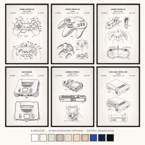 May include: A set of six framed patent prints featuring technical line drawings of gaming controllers, a game machine, a handheld console, and a video game control unit. Each print displays detailed schematics, labels, and patent information.