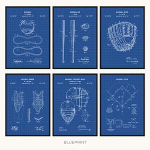 May include: Six framed baseball blueprint art prints. Each print features a different baseball-related design, including a baseball, bat, glove, armor, catcher's mask, and field layout. The prints are in white on a blue background.