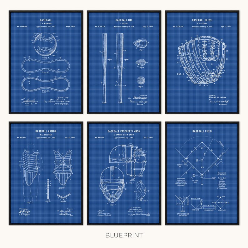 May include: Six framed baseball blueprint art prints. Each print features a different baseball-related design, including a baseball, bat, glove, armor, catcher's mask, and field layout. The prints are in white on a blue background.