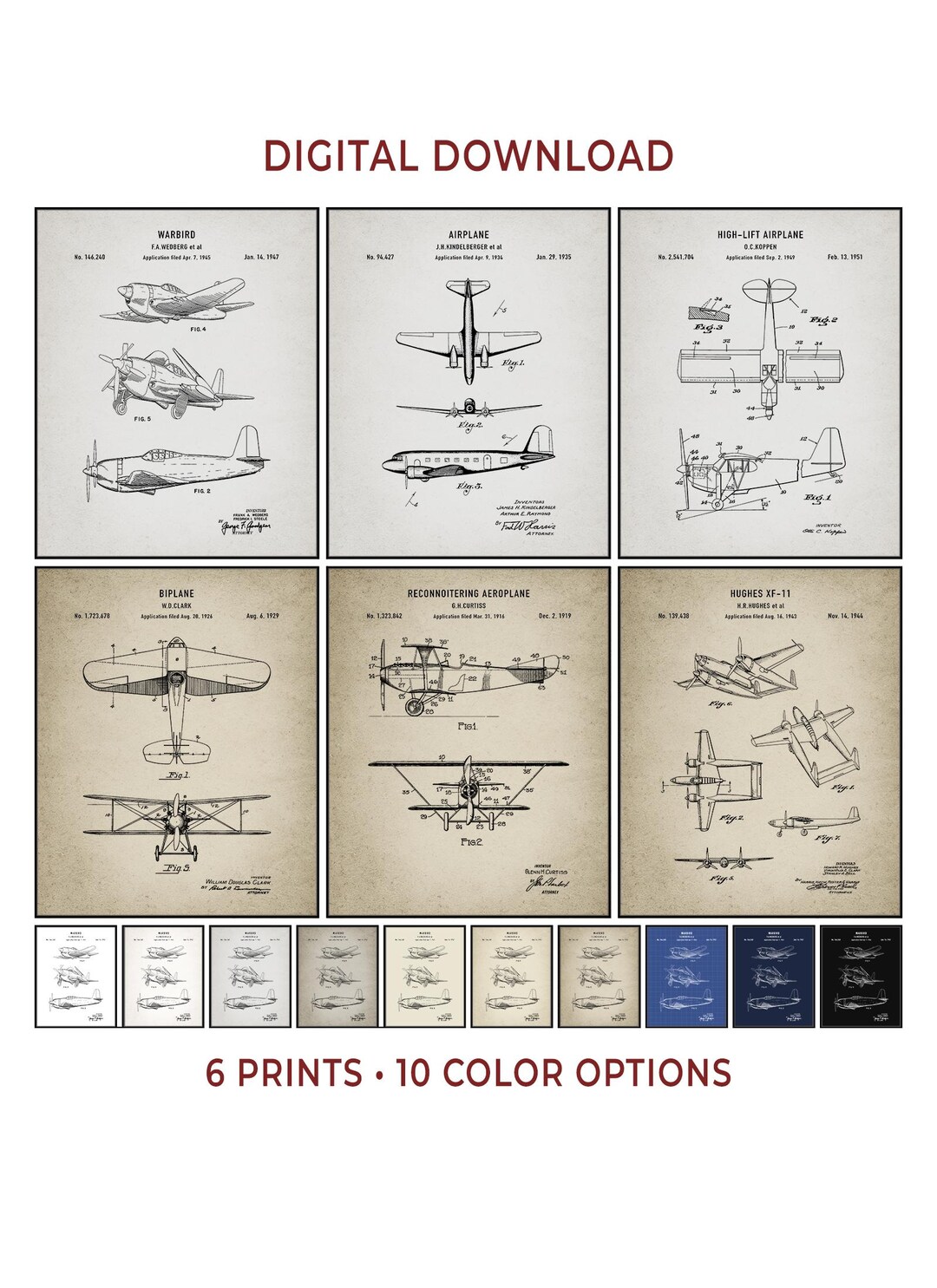 Airplane Patent Prints Set of 6, Printable Aviation Wall Art, Pilot ...