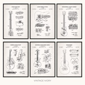 Peut inclure: Six impressions encadr&eacute;es, de couleur ivoire vintage, pr&eacute;sentant des sch&eacute;mas et des sch&eacute;mas de guitares. Chaque impression pr&eacute;sente un composant de guitare diff&eacute;rent, notamment des micros, des syst&egrave;mes de tr&eacute;molo et des assemblages de chevalets. Le texte "VINTAGE IVORY".