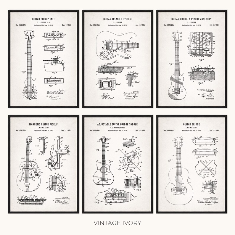 Peut inclure: Six impressions encadr&eacute;es, de couleur ivoire vintage, pr&eacute;sentant des sch&eacute;mas et des sch&eacute;mas de guitares. Chaque impression pr&eacute;sente un composant de guitare diff&eacute;rent, notamment des micros, des syst&egrave;mes de tr&eacute;molo et des assemblages de chevalets. Le texte "VINTAGE IVORY".