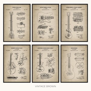 Peut inclure: Six impressions encadr&eacute;es de style vintage pr&eacute;sentant des diagrammes et des sch&eacute;mas de guitares. Chaque impression a un cadre noir et un fond beige. Les impressions incluent des titres tels que "Guitar Pickup Unit" et "Guitar Tremolo System". Le texte "Vintage Brown" est en bas.