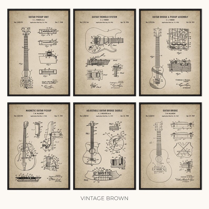 Peut inclure: Six impressions encadr&eacute;es de style vintage pr&eacute;sentant des diagrammes et des sch&eacute;mas de guitares. Chaque impression a un cadre noir et un fond beige. Les impressions incluent des titres tels que "Guitar Pickup Unit" et "Guitar Tremolo System". Le texte "Vintage Brown" est en bas.