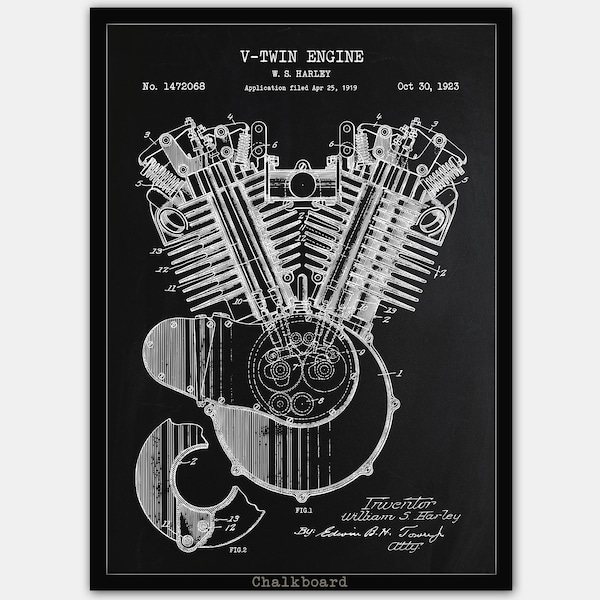 Harley Davidson Motorcycle V-Twin Engine Patent Print. V2 Poster. Motorcycle Engine Blueprint. Man Cave Decor. Garage Wall Art. Gift For Him