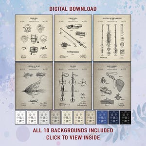 Vintage Fishing Patent Art Prints: Rustic Cabin Decor (Digital Download Set of 6