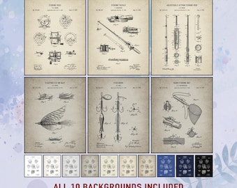 Set of 6 Vintage Fishing Patent Print, Digital Download Wall Art for Fisherman, Rustic Cabin, Lake House Decor, Man Cave Gift Outdoors men