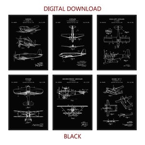 Conjunto de 6 impresiones de patentes de aviones para pared. Póster para guardería. Arte de cueva de hombre. Transporte vintage. Arte de oficina. Regalo para piloto. Descarga digital