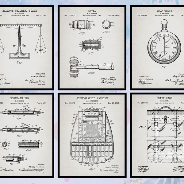 Set of 6 Vintage Law Patent Print. Lawyer Patent. Scale of Justice. Gavel. Stenographic Machine. Court Decor. Gift For Laywer. Download Art.