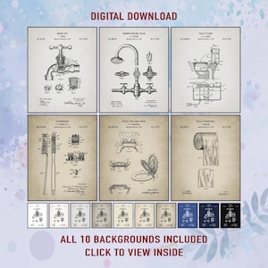 Vintage Bathroom Patent Art Prints: Toilet Paper, Shower, Toothbrush (Digital Download Set of 6)