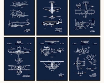 Pilot Office Airplane Patent Prints Set of 6, Aviation Wall Art Digital Download