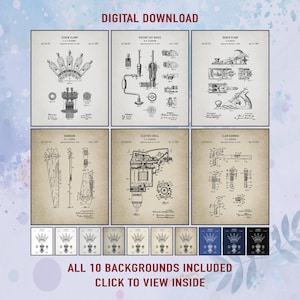 Woodworking Patent Prints Set of 6, Vintage Tool Wall Art, Digital Download, Clamp, Plane, Gift for Woodworker, Carpenter, Workshop Decor