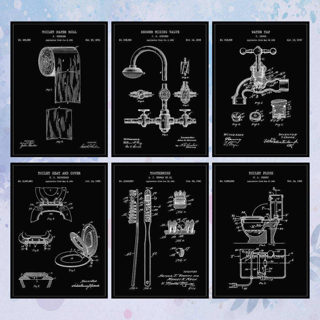 Set of 6 Vintage Bathroom Patent Print. Chalkboard Wall Art. Shower ...