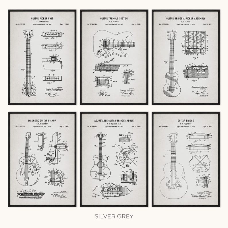 Peut inclure: Six impressions encadr&eacute;es de brevets de composants de guitare, dont un micro, un syst&egrave;me de tr&eacute;molo et un assemblage de chevalet. Les impressions sont en noir et blanc, avec des dessins techniques et du texte. Le fond est gris argent&eacute;.