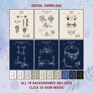 Set of 6 Weightlifting Patent Prints, Vintage Gym Decor, Digital Download Wall Art, Barbell Dumbbell Poster Set, Gift for Fitness Enthusiast
