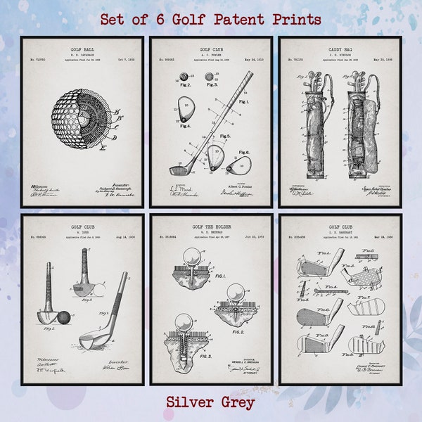 Set mit 6 Vintage-Golf-Patentdrucken. Golfball. Golfclub. Golf-Tee-Halter. Golf-Caddy-Tasche. Golf-Wand-Kunst. Mann-Höhle-Dekor. Digitaler Download