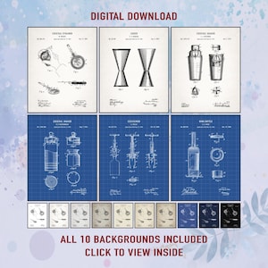 Set van 6 vintage cocktailoctrooiprints. Muurkunst voor thuis, bar en keuken. Cadeau voor barman, mixoloog en drankliefhebber. Digitale download.