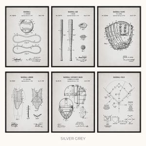 May include: Six framed silver grey baseball patent prints. The prints depict a baseball, bat, glove, armor, catcher's mask, and field layout. Each print has a black frame and white background with black illustrations and text.