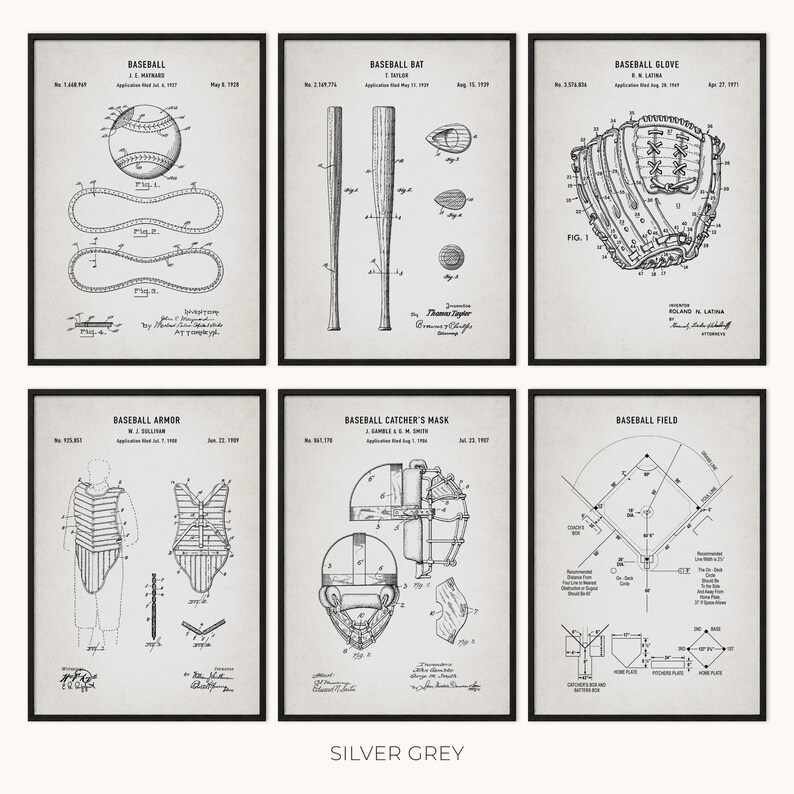 May include: Six framed silver grey baseball patent prints. The prints depict a baseball, bat, glove, armor, catcher's mask, and field layout. Each print has a black frame and white background with black illustrations and text.