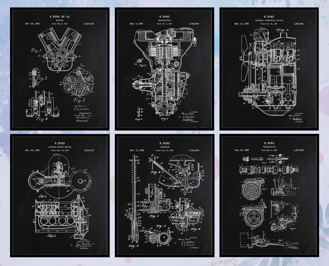 Set of 6 Henry Ford Patent Print Poster. Ford Car Transmission Engine ...