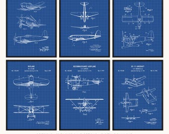 Blauwdruk vliegtuig patentafdrukken set van 6, luchtvaartdecor voor pilot Office digitale download