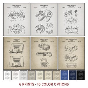 ビデオゲームコントローラーの特許アートプリント：ゲーマールームの装飾（デジタルダウンロード、6枚セット）