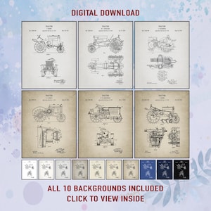 Vintage Tractor Patent Prints, Set of 6 Farm Wall Art, Digital Download, Gift for Farmer or Engineer, Rustic Decor for Office or Man Cave