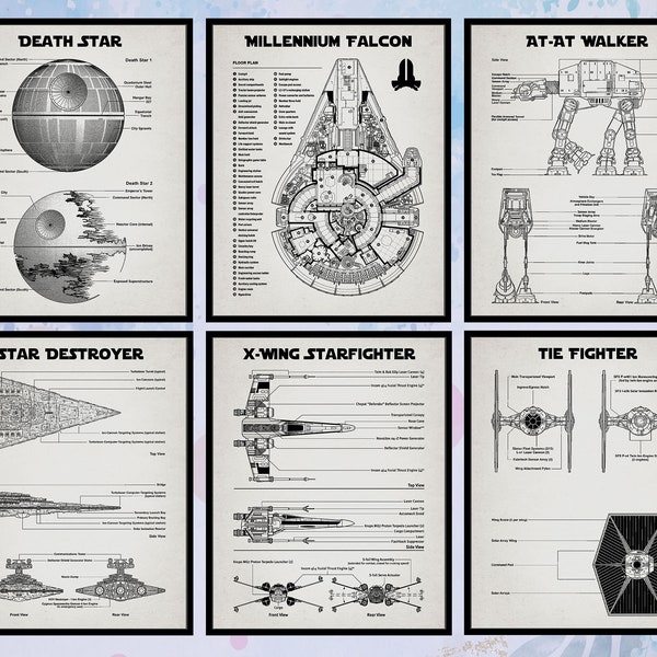 Set Of 6 Star Wars Patent Print. Star Wars Decor. Star Wars Art. Nursery Poster. Millennium Falcon. AT-AT Walker. X-Wing. Digital Download