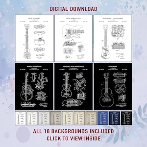 Vintage Guitar Patent Art Prints - Set of 6 (Digital Download