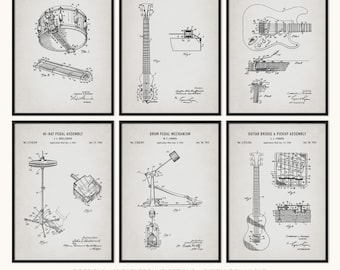Set of 6 Guitar and Drum Patent Prints, Music Room Decor, Digital Download