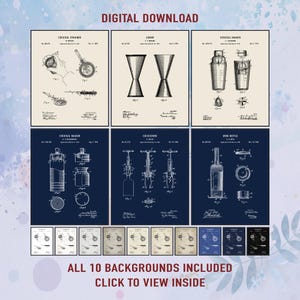 Set van 6 patentprints voor barmancocktails. Muurkunst voor thuis, bar en keuken. Cadeau voor mixoloog, cocktailliefhebber en bareigenaar. Digitale download