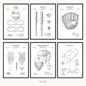 May include: Six framed black and white baseball patent prints. The prints include a baseball, bat, glove, armor, catcher's mask, and field diagram. The word "WHITE" is printed at the bottom of the image.