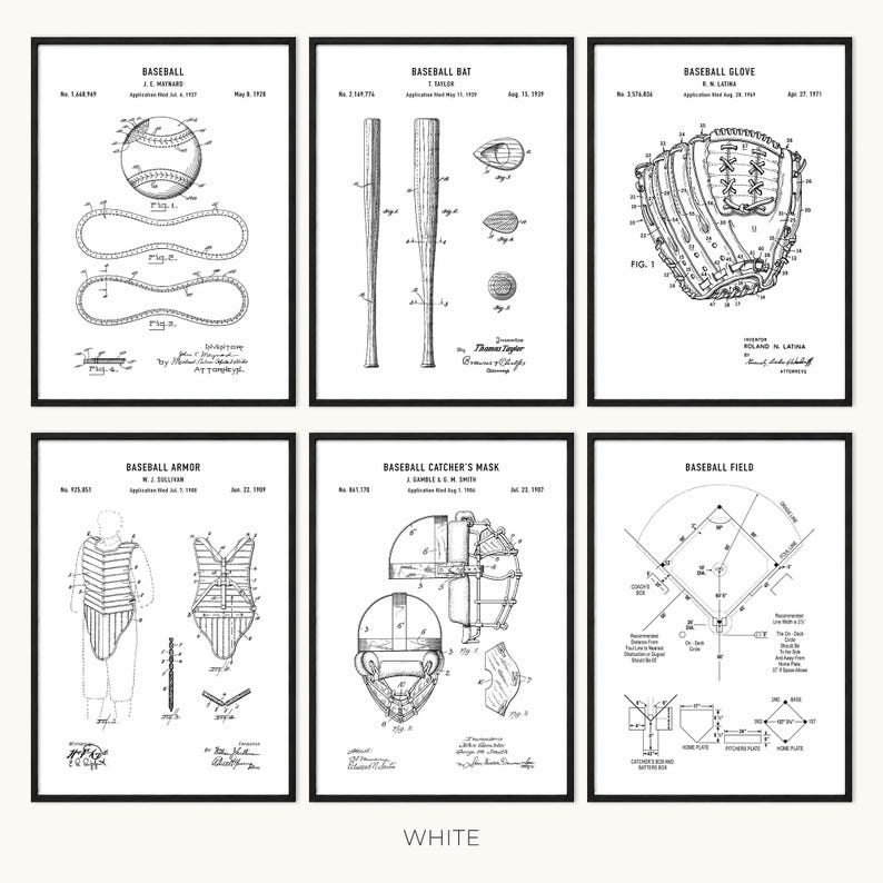 May include: Six framed black and white baseball patent prints. The prints include a baseball, bat, glove, armor, catcher's mask, and field diagram. The word "WHITE" is printed at the bottom of the image.