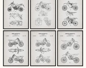 Dirt Bike Patent Prints Set of 6, Printable Motocross Wall Art, Garage Decor, Rider Gift