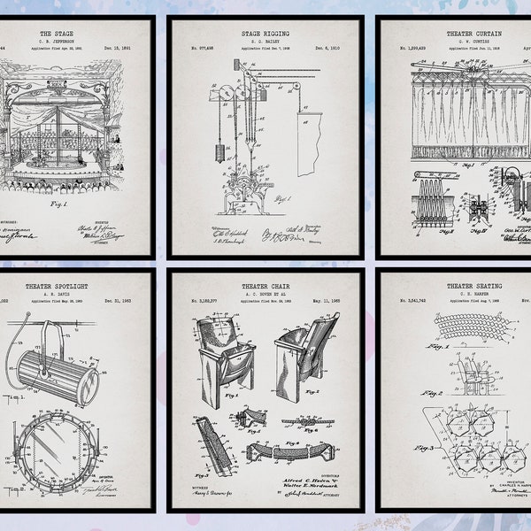 Set of 6 Vintage Theater Patent Wall Art Prints - Music & Stage Decor, Ideal for Inspiring Performing Arts Students - DIGITAL DOWNLOADS ONLY