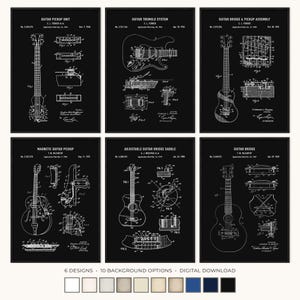 Peut inclure: Six cadres noirs et blancs avec des brevets de guitare. Chaque cadre pr&eacute;sente un composant de guitare diff&eacute;rent, comme le micro et le syst&egrave;me de tr&eacute;molo. Le bas de l'image affiche le texte "6 DESIGNS &bull; 10 BACKGROUND OPTIONS &bull; DIGITAL DOWNLOAD."