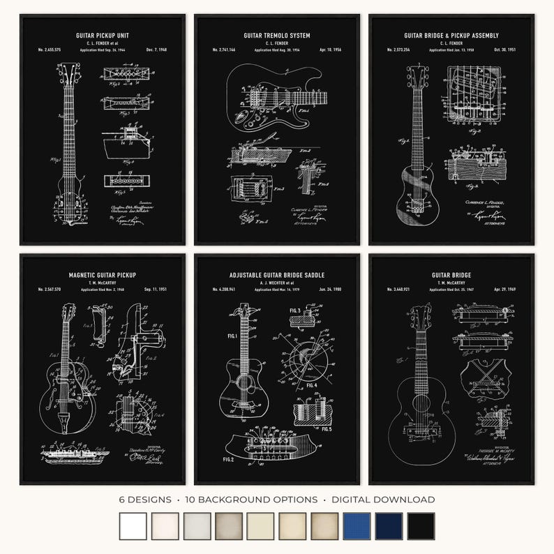Peut inclure: Six cadres noirs et blancs avec des brevets de guitare. Chaque cadre pr&eacute;sente un composant de guitare diff&eacute;rent, comme le micro et le syst&egrave;me de tr&eacute;molo. Le bas de l'image affiche le texte "6 DESIGNS &bull; 10 BACKGROUND OPTIONS &bull; DIGITAL DOWNLOAD."