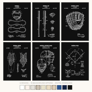 May include: Six black and white baseball-themed patent prints. The prints depict a baseball, bat, glove, armor, catcher's mask, and field layout. The bottom of the image shows the text "6 DESIGNS 10 BACKGROUND OPTIONS DIGITAL DOWNLOAD."