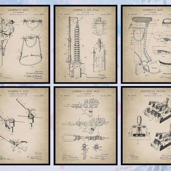 Set Of 6 Vintage Lineman Patent Print. Lineman Gifts. Lineman Wall Art. Lineman Wall Decor. Powerline Technician. Lineworker. Electrician.