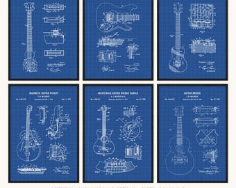 Ensemble de 6 gravures de brevet de guitare de modèle, décor de studio d'enregistrement, téléchargement numérique