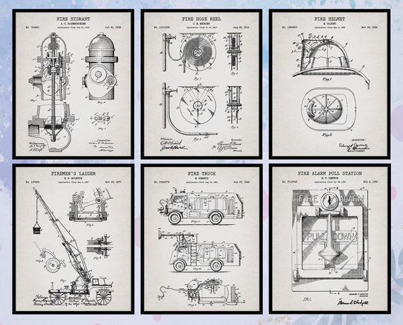 Set of 6 Vintage Fire Fighter Patent Prints. Fire Truck. Hose Reel. Hydrant.  Fire Helmet. Ladder. Fire Alarm Pull Station. Instant Download 