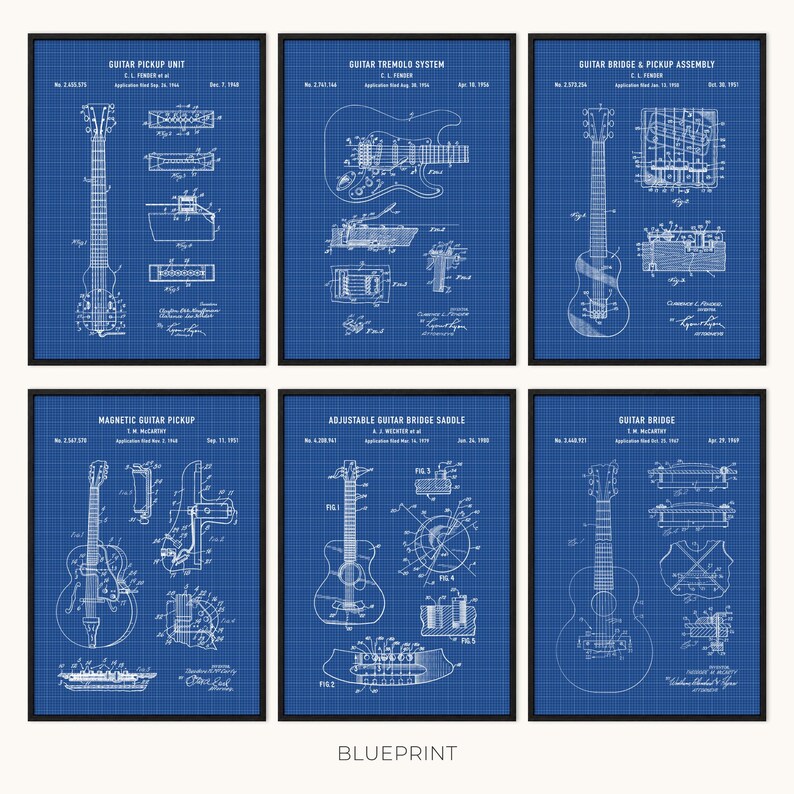 Peut inclure: Six cadres noirs pr&eacute;sentent des plans de composants de guitare, dont un micro et un syst&egrave;me de tr&eacute;molo. Les dessins techniques blancs sont sur un fond bleu quadrill&eacute;, avec du texte. L'ensemble est intitul&eacute; "BLUEPRINT".
