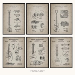 Peut inclure: Six impressions encadr&eacute;es de style vintage, pr&eacute;sentant des sch&eacute;mas de guitares. Les illustrations en noir et blanc d&eacute;taillent divers composants de guitare, tels que les micros, les syst&egrave;mes de tr&eacute;molo et les chevalets. Les impressions sont &eacute;tiquet&eacute;es avec des d&eacute;tails techniques et "VINTAGE GREY".