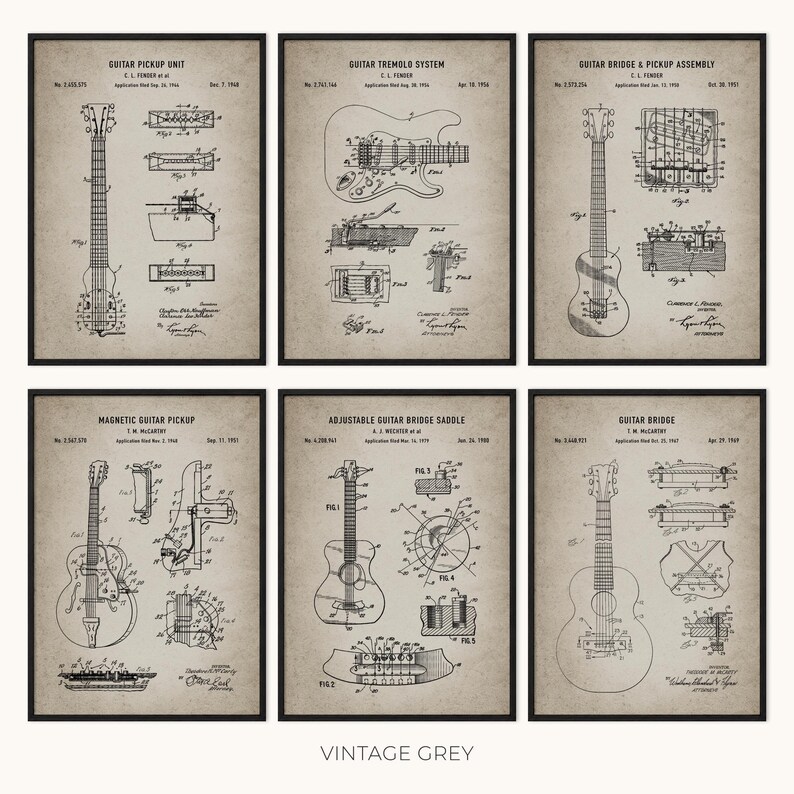 Peut inclure: Six impressions encadr&eacute;es de style vintage, pr&eacute;sentant des sch&eacute;mas de guitares. Les illustrations en noir et blanc d&eacute;taillent divers composants de guitare, tels que les micros, les syst&egrave;mes de tr&eacute;molo et les chevalets. Les impressions sont &eacute;tiquet&eacute;es avec des d&eacute;tails techniques et "VINTAGE GREY".