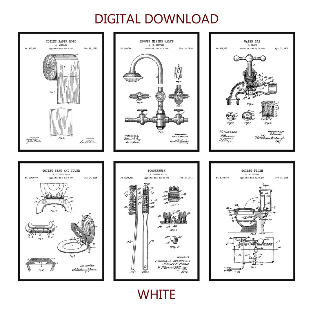 Set of 6 Vintage Bathroom Patent Print. White Color Wall Art. Shower ...