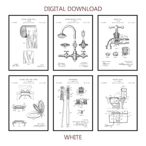 Set di 6 stampe di brevetti per bagni vintage. Arte murale di colore bianco. Rubinetto per doccia. Tazza del water. Spazzolino da denti. Rotolo di carta igienica. Download digitale